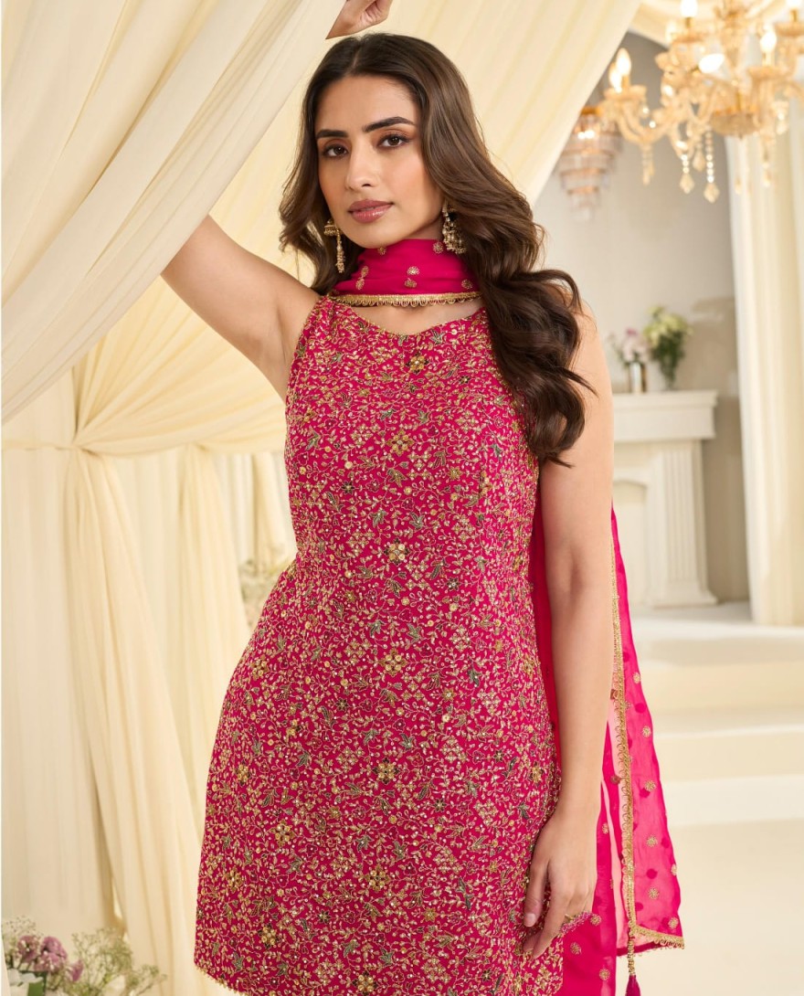 PINK - Rani Pink Embroidered Georgette Designer Sarara Kameez